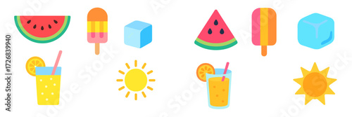 Bright and colorful summer treats featuring watermelon, popsicles, ice cubes, and refreshing drinks in a sunny setting