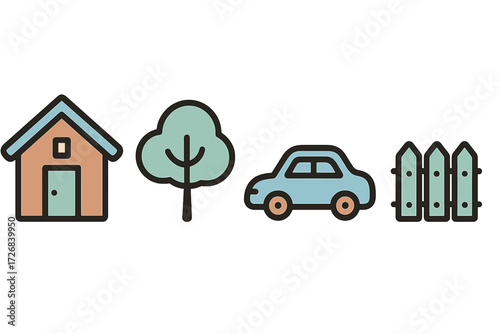 Simple cartoon icons of a house, tree, car, and fence representing suburban life and home environment