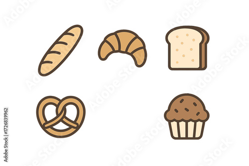 Different types of baked goods including bread, croissant, pretzel, and muffin on white background