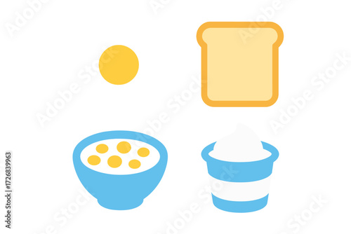 Breakfast table with eggs, toast, yogurt, and bowl of cereal ready for a morning meal