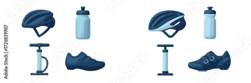 Essential cycling gear including helmets, water bottles, shoes, and pumps arranged neatly for bike enthusiasts
