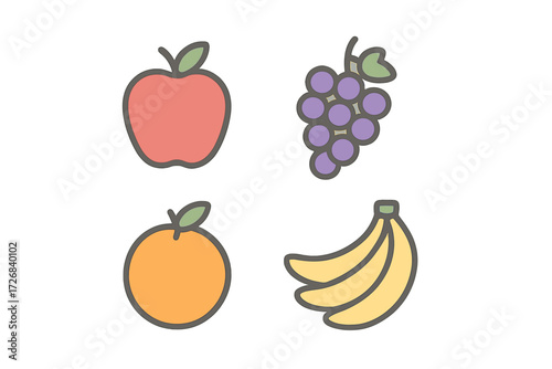 Fresh fruit assortment featuring apple, grapes, orange, and bananas on a clean background