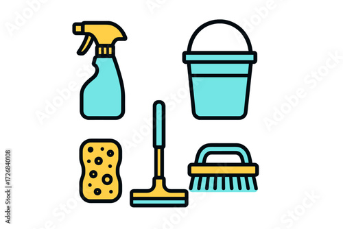 Cleaning supplies arranged neatly on a white background showcasing essential tools for household chores