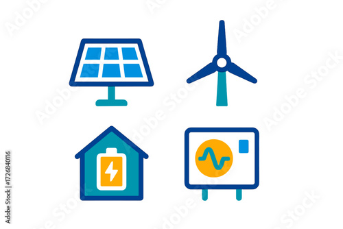 Renewable energy symbols showing solar panels, wind turbines, battery, and energy monitoring system in bright colors