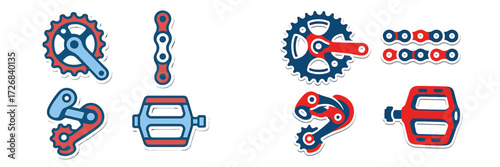Bicycle parts including chain, pedals, and gears in red and blue colors displayed on a white background