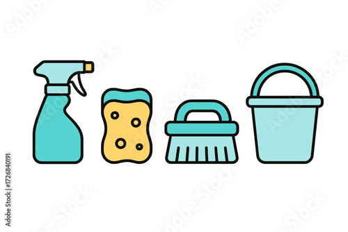 Essential cleaning supplies with spray bottle, sponge, brush, and bucket for home organization and maintenance