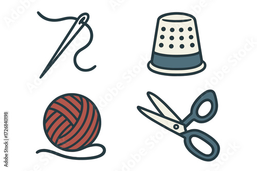 Crafting essentials include needle, yarn ball, thimble, and scissors for sewing and knitting projects