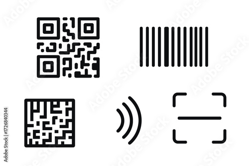 Diverse collection of barcode and QR code designs representing modern technology and scanning methods in various formats