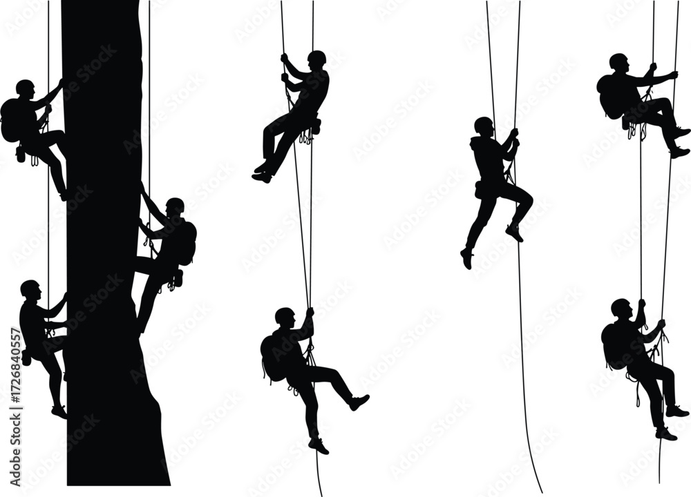 Obraz premium Silhouette climbers rappelling and ascending ropes, teamwork mountaineers scaling vertical rock face outdoor adventure vector illustration