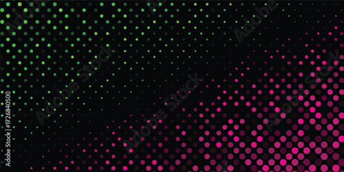 Abstract halftone background with green and pink gradient dots on black. Modern pop art retro style design, perfect for poster, flyer, banner, or digital wallpaper.