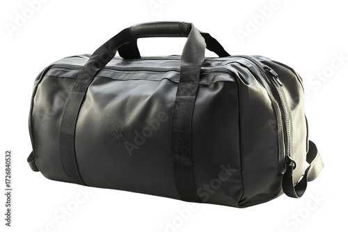 Black duffel bag with zipper isolated on transparent background