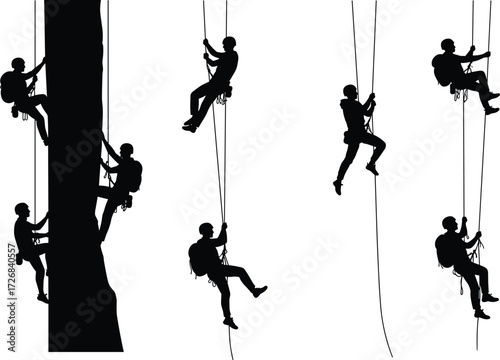 Silhouette climbers rappelling and ascending ropes, teamwork mountaineers scaling vertical rock face outdoor adventure vector illustration