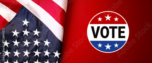 Vote on election day sticker badge with an american flag on red background