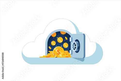 Digital cloud safe overflowing with gold coins, representing financial security and wealth.