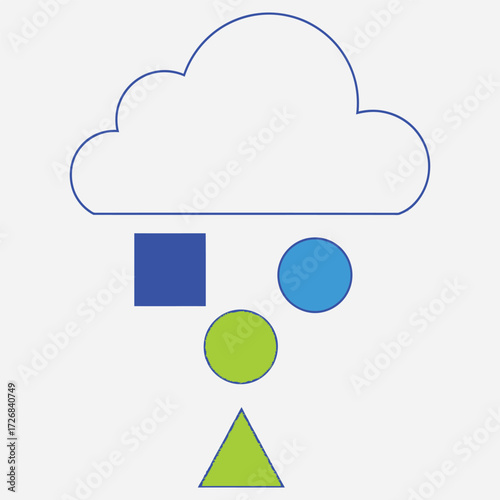 Digital cloud computing concept with geometric shapes representing data, processing, and storage