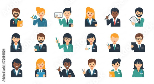 Illustration of diverse professionals in business attire holding various objects such as pens and clipboards