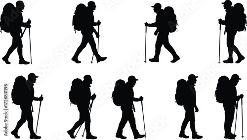Silhouette hikers with backpacks and trekking poles, outdoor walking, camping, nature travel, and mountain adventure vector illustration