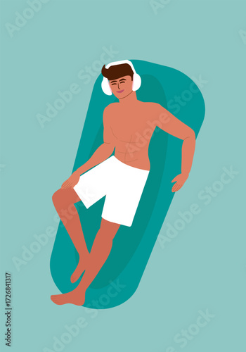 Young tanned man in headphones in pool, lying on air mattress - vector color flat illustration for banners, postcards, posters, flyers