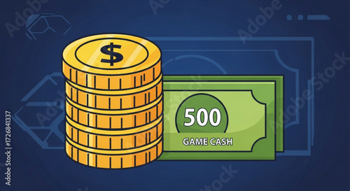 Illustration showing a stack of gold coins with dollar sign and green game cash money on blue background