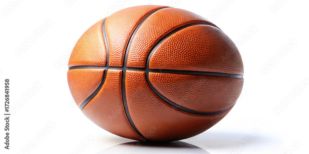Fototapeta premium A basketball sits on a white surface, showcasing its textured surface and classic orange color. The lines and grooves are clearly visible, emphasizing its design
