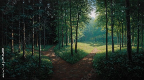 Two paths in a lush forest sunlight