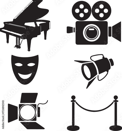 Performance icons: piano, camera, mask, spotlight, barrier
