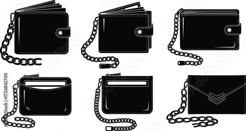Wallets with chains, leather purses, card holders, clutch bags, money accessories, fashion security wallets, vector illustration
