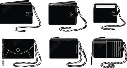 Wallets with chains, leather purses, card holders, clutch bags, money organizers, stylish security wallets, fashion accessories, vector illustration