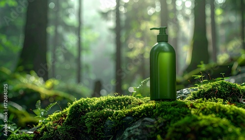A green cosmetic pump bottle for beauty products sits on lush moss in a tranquil, sunlit forest.