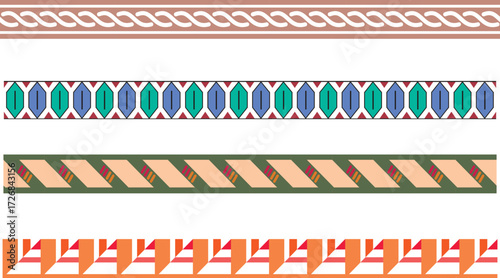 A compilation of four distinct decorative borders featuring varied patterns and color palettes a chainlink inspired brown band, a repeating teal and blue gemlike pattern, a diagonal stripe design in g