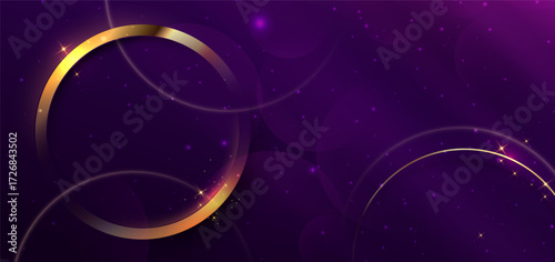 3D gold circle on purple background with lighting effect and space for text.