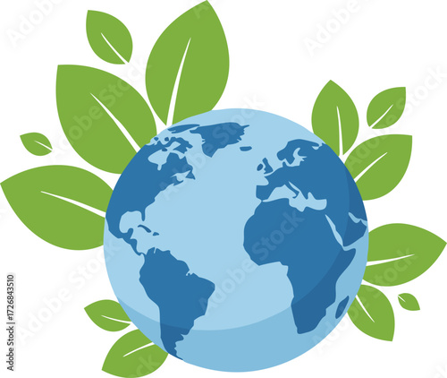 Illustration of the planet Earth surrounded by green leaves, symbolizing nature conservation, ecological awareness, and environmental protection