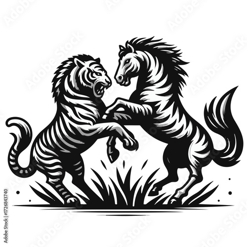 Illustration of a tiger and a horse facing each other with stripes in a dynamic pose over grass design
