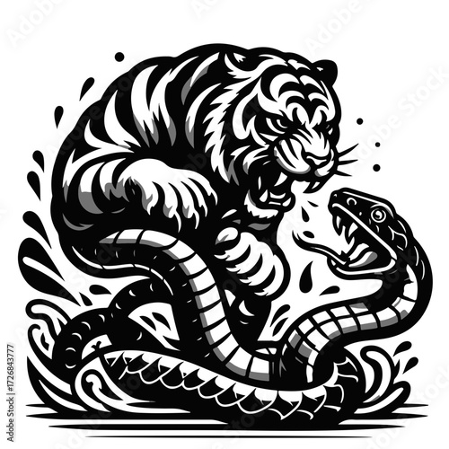 A monochrome illustration of a tiger confronting a snake in a dynamic and stylized composition style