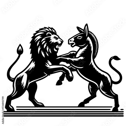 Lion and donkey in a confrontational stance facing each other in a black and white illustration style
