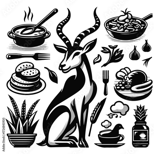 Illustration of an antelope surrounded by various food items in a black and white design style