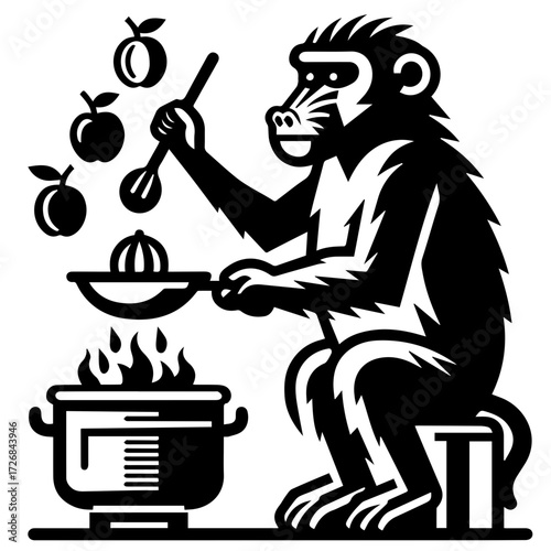 Monkey stirring a pot over a fire with fruit and a juicer in a black and white illustration style