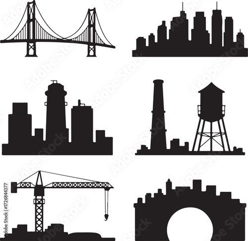 Urban cityscapes and iconic structures silhouette collection