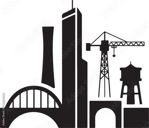 Modern city skyline with construction crane and bridge