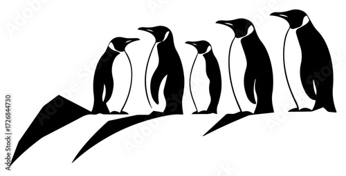 Group of sleek penguins perched on icy rock ledge – bold polar wildlife silhouette illustration