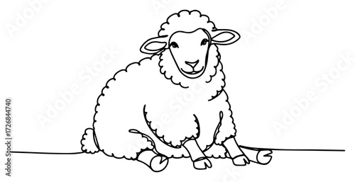 Fluffy sheep sitting contentedly on pasture ground, rendered in single-line style – cute farm animal outline vector design