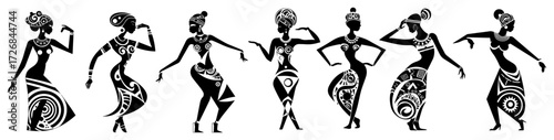 Tribal ethnic women dancing in patterned dresses – graceful African folk silhouette collection illustration