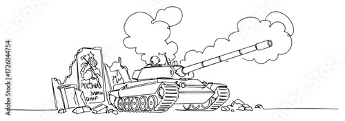 Smoking battle tank rumbling past shattered road sign on dusty battlefield – dramatic war machinery continuous-line illustration