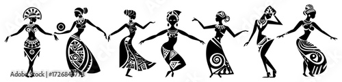 African tribal women dancing hand-in-hand in circular celebration – rhythmic folk silhouette pattern illustration
