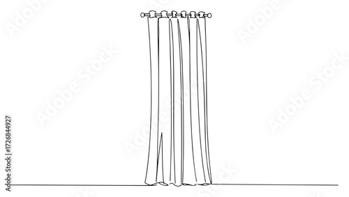 Elegant single-line drapery hanging from curtain rod – minimalist home interior decor outline illustration