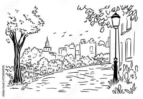 Tree-lined riverside promenade with old street lamp and distant city skyline – charming urban park sketch illustration