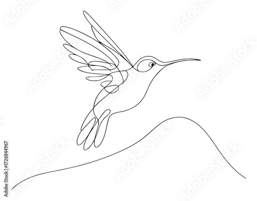 Delicate hummingbird hovering above gentle hill, drawn as continuous single line – minimalist nature icon illustration