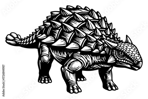 Armored ankylosaurus dinosaur with spiked back and club tail – detailed prehistoric creature engraving vector