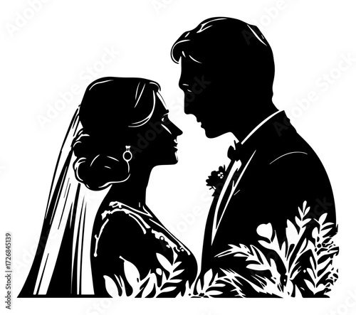 Bride and groom gazing into each other’s eyes in romantic silhouette – timeless wedding couple portrait emblem