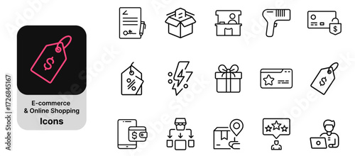 E-commerce and online shopping line icon set. Vector pictograms of discount, payment, barcode, wishlist, secure checkout, delivery, marketplace, refund, thin outline illustration.